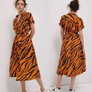 Maeve by Anthropologie Tereza Midi Shirt Dress In Tiger Animal Print Orange XS P